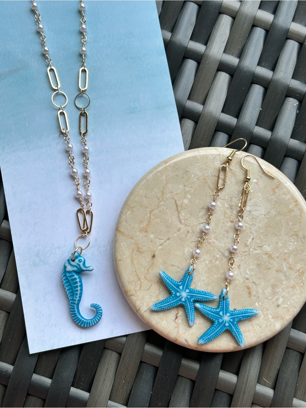 Delicate Blue Seahorse Pendant Necklace with Beaded Chain and earrings set